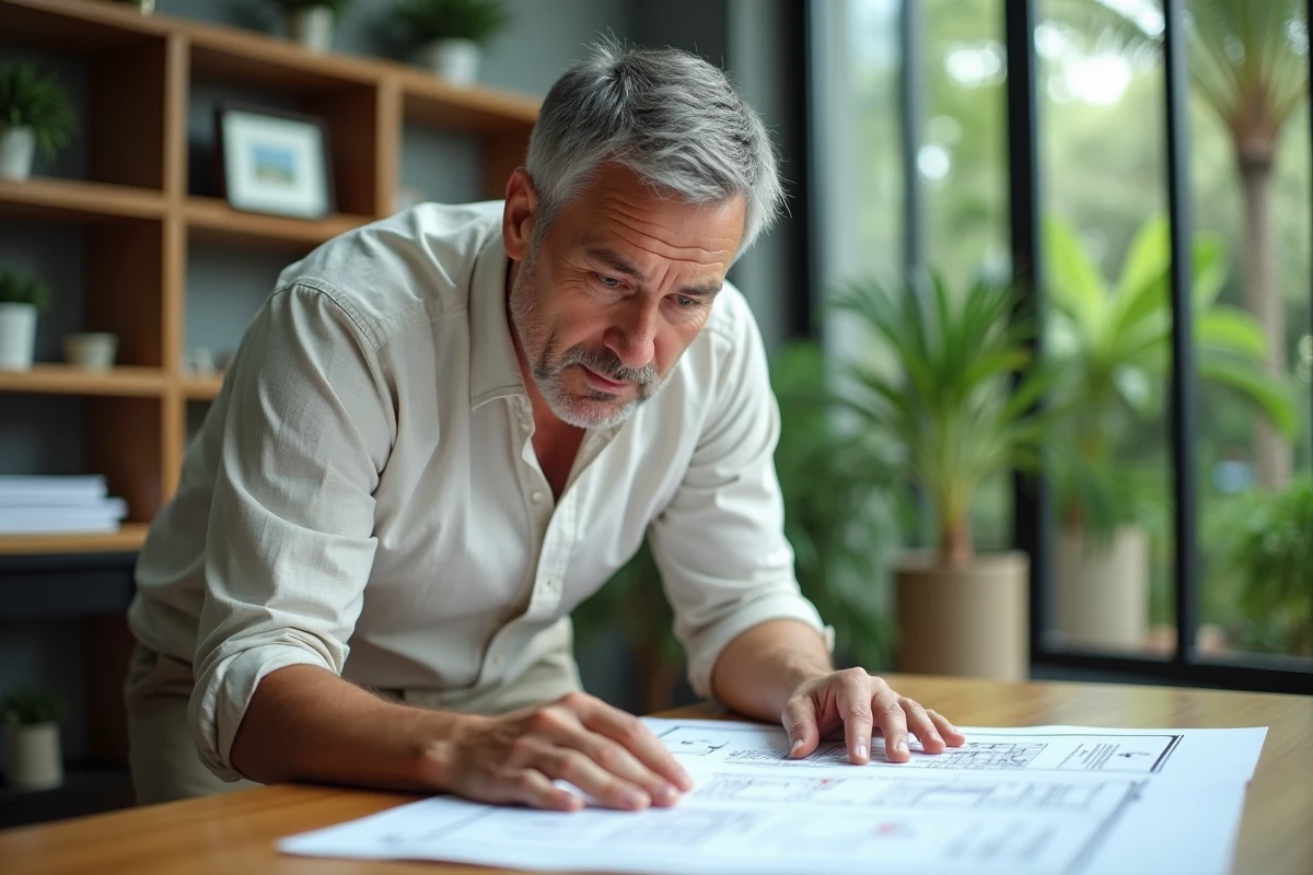 Un expatrié occidental examine des plans immobiliers et des documents financiers dans une agence immobilière en Thaïlande