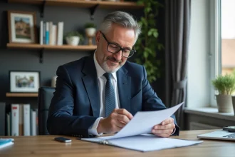 Homme fonctionnaire en costume navy dans son bureau