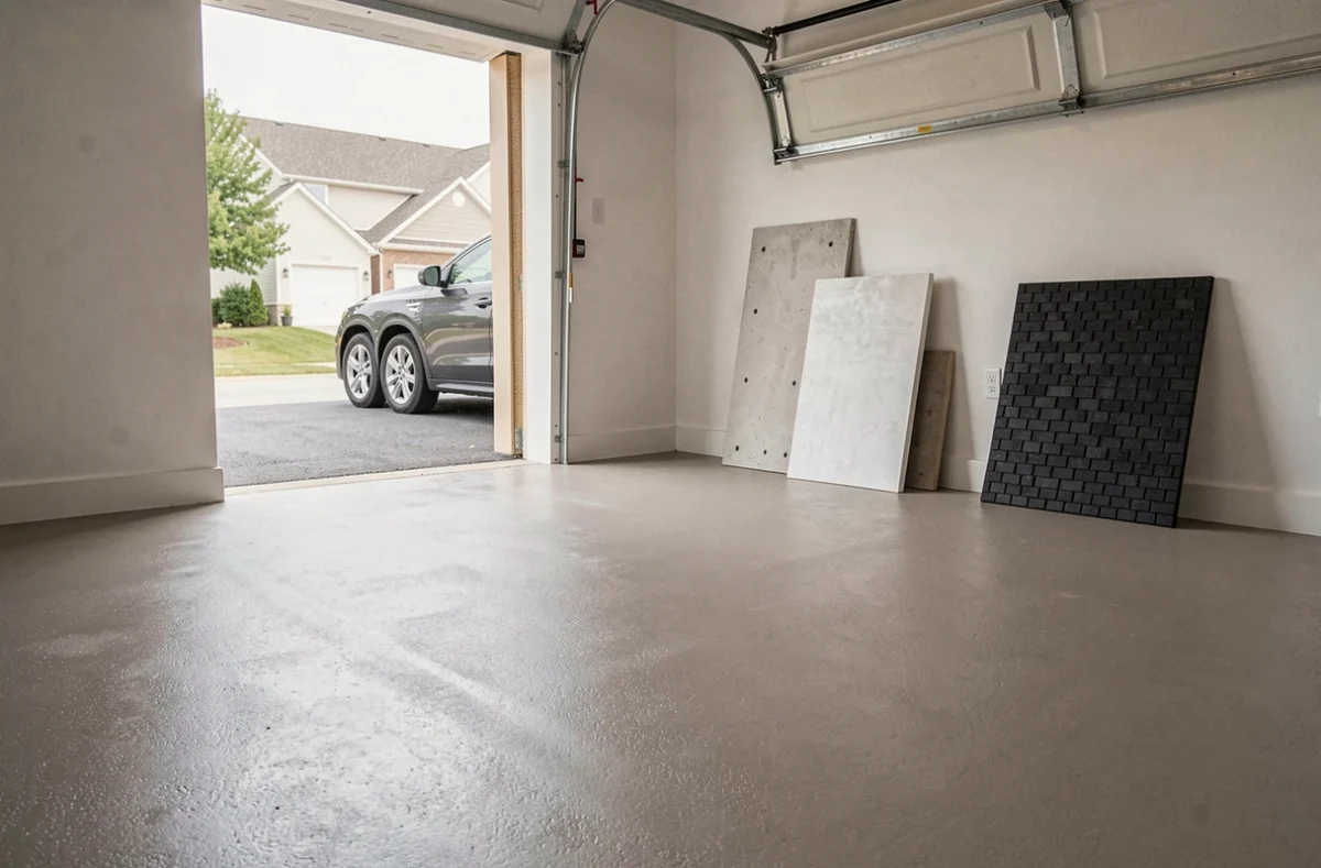 Garage résidentiel avec sol époxy et échantillons de matériaux pour comparer les prix au m² des différentes finitions