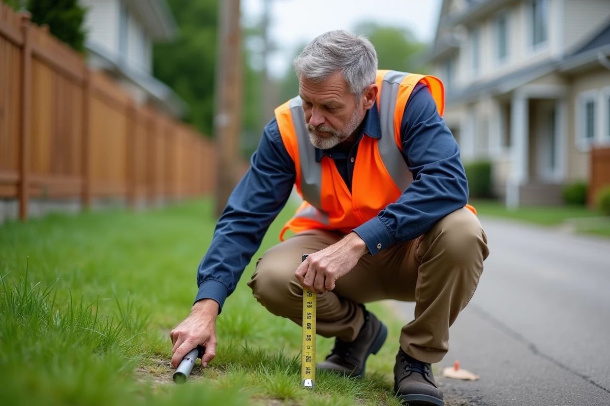 Géomètre expert posant une borne de délimitation de terrain dans un jardin résidentiel lors d'un bornage foncier