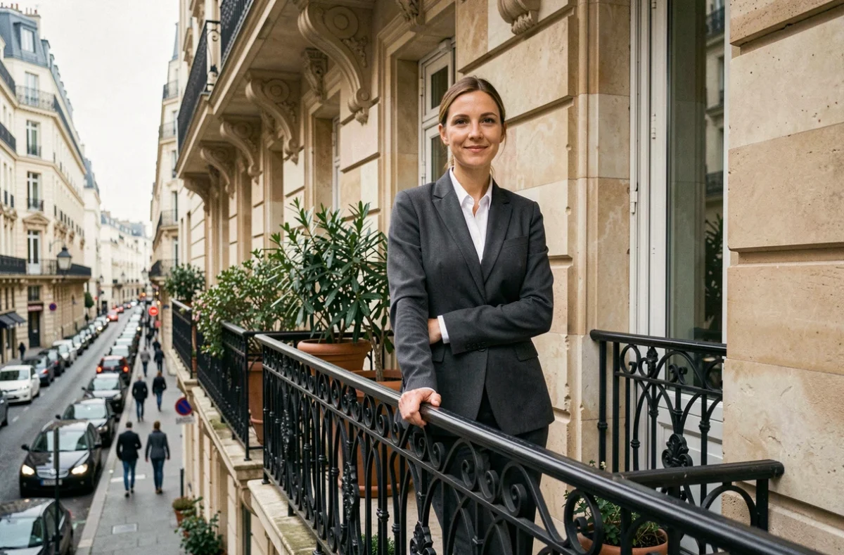 Gestionnaire de bien locatif sur le balcon d'un appartement haussmannien parisien disponible à la location courte durée