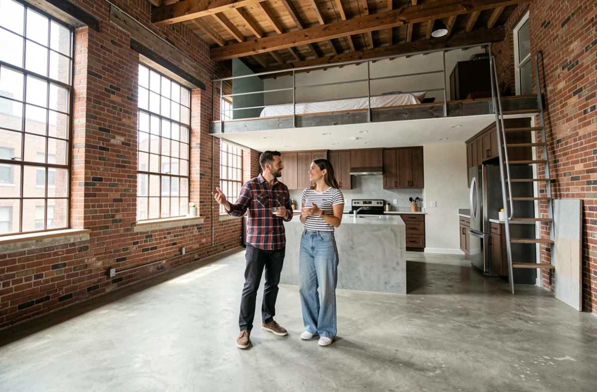 Couple visitant un grand studio loft avec mezzanine pour évaluer si la superficie correspond à leur mode de vie à deux