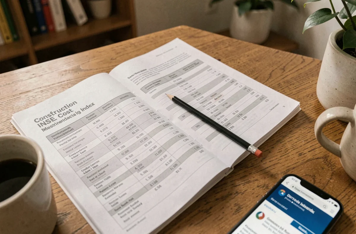 Gros plan sur un document officiel INSEE ouvert sur les tableaux de l'indice du coût de la construction posé sur un bureau en bois avec un smartphone affichant un portail de données gouvernementales