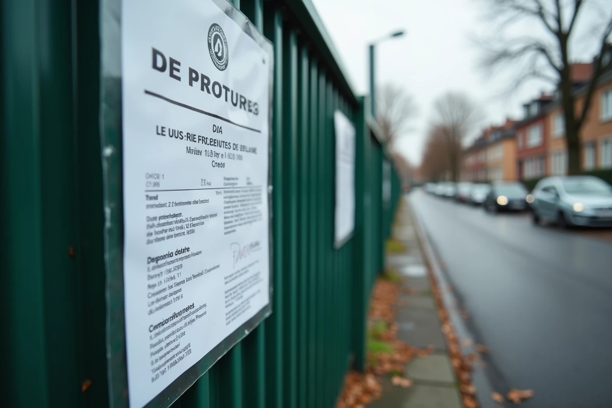 Gros plan sur un panneau de permis de construire plastifié fixé à une clôture de chantier en France