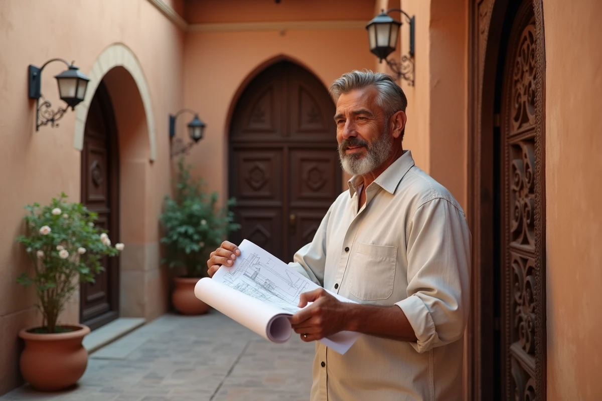 Homme inspectant une propriété de type riad dans la médina de Marrakech pour un achat immobilier