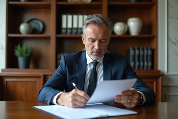 Homme d'affaires en costume bleu examine des documents importants