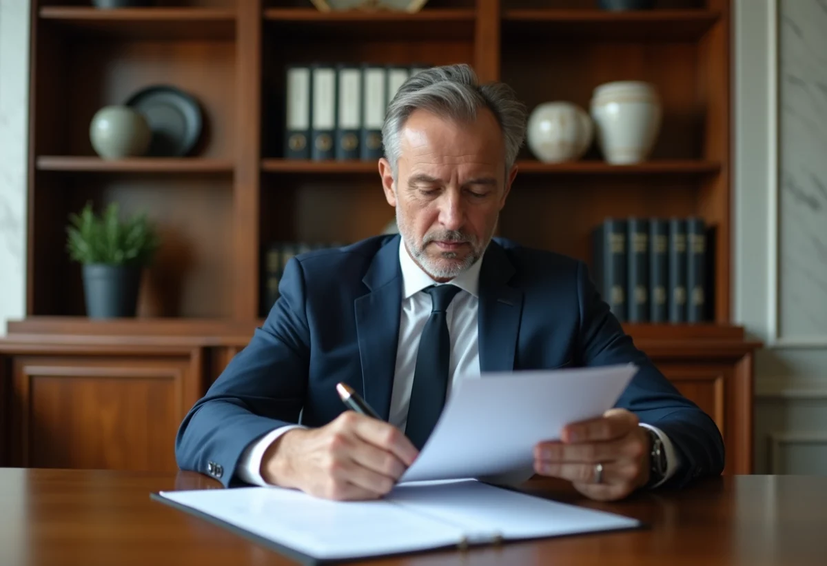 Homme d'affaires en costume bleu examine des documents importants