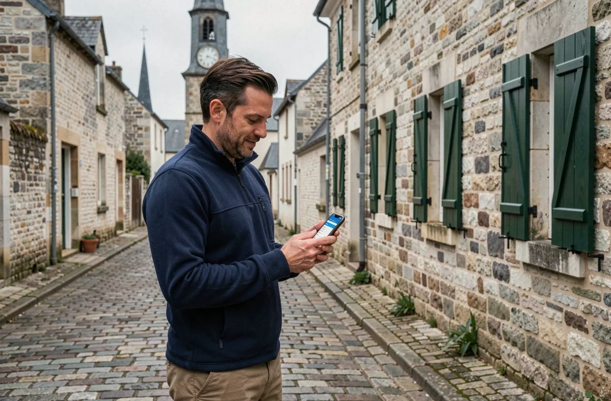 Homme consultant une application de location sur son téléphone devant une maison normande en Seine-Maritime