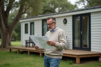 Homme réfléchissant à des plans architecturaux près d'une maison mobile