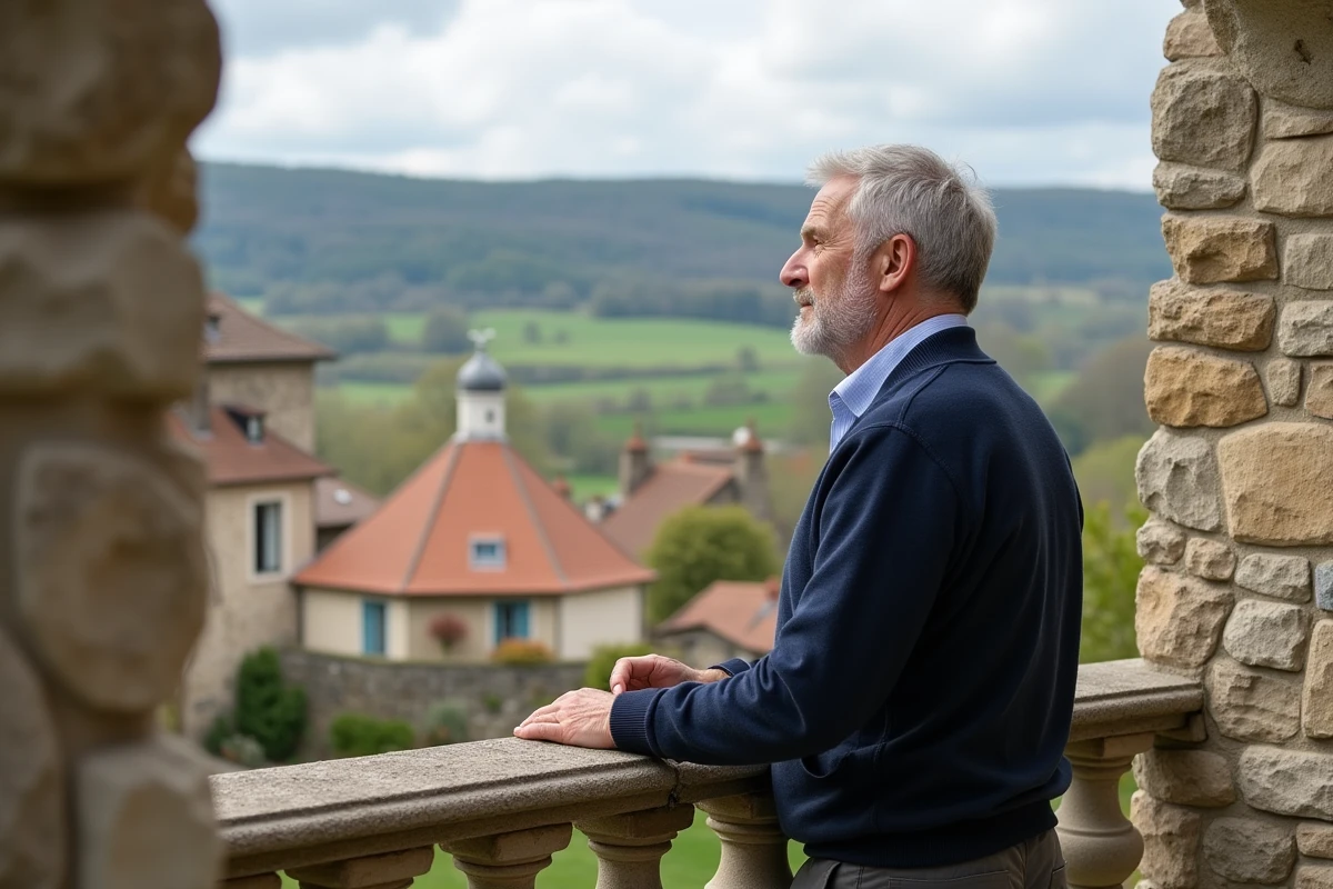 Homme regardant un village rural depuis un balcon en pierre
