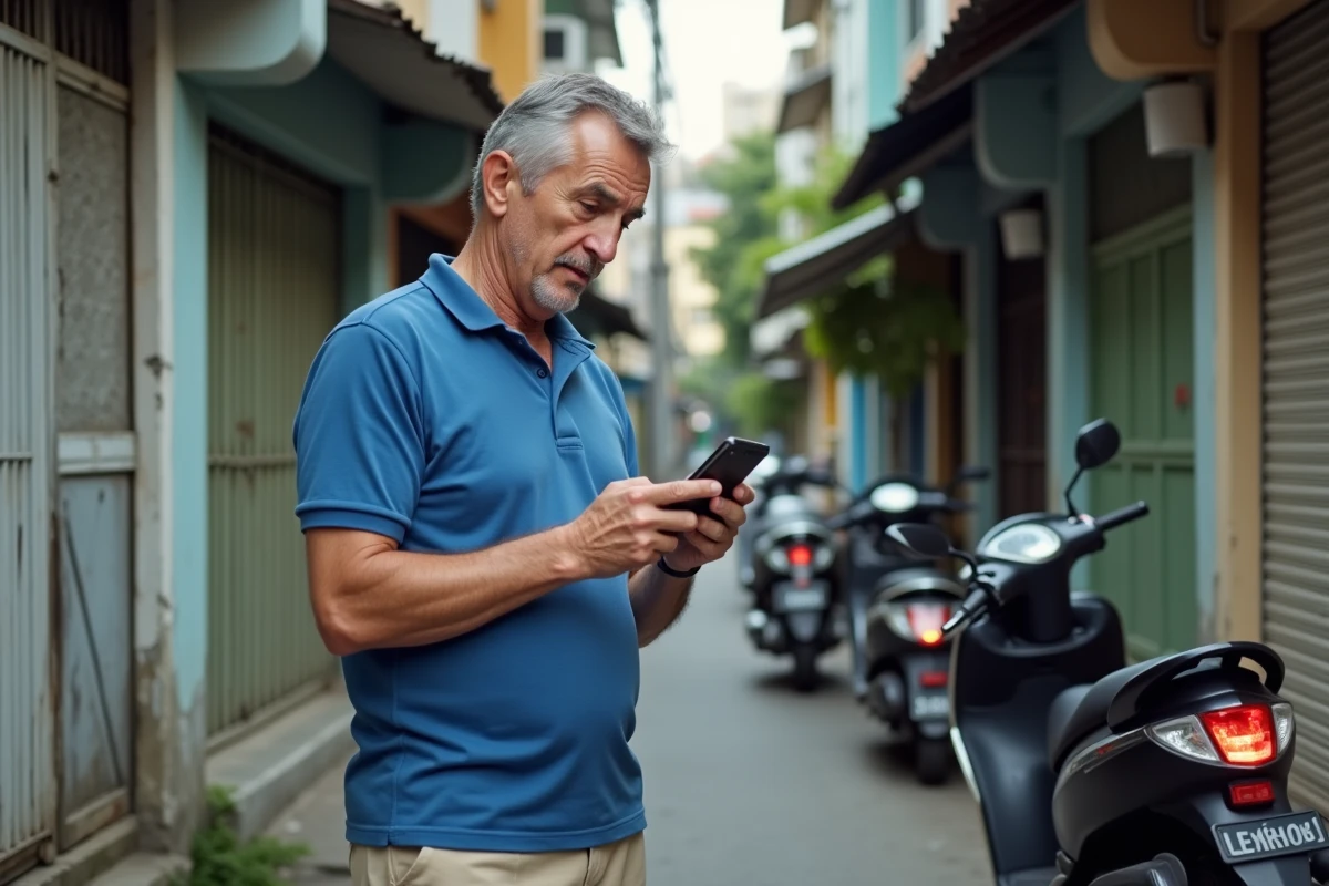 Homme français vérifiant son itinéraire dans une ruelle de Bangkok