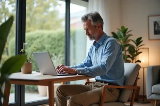 Homme d'âge moyen vérifiant réservation sur son ordinateur