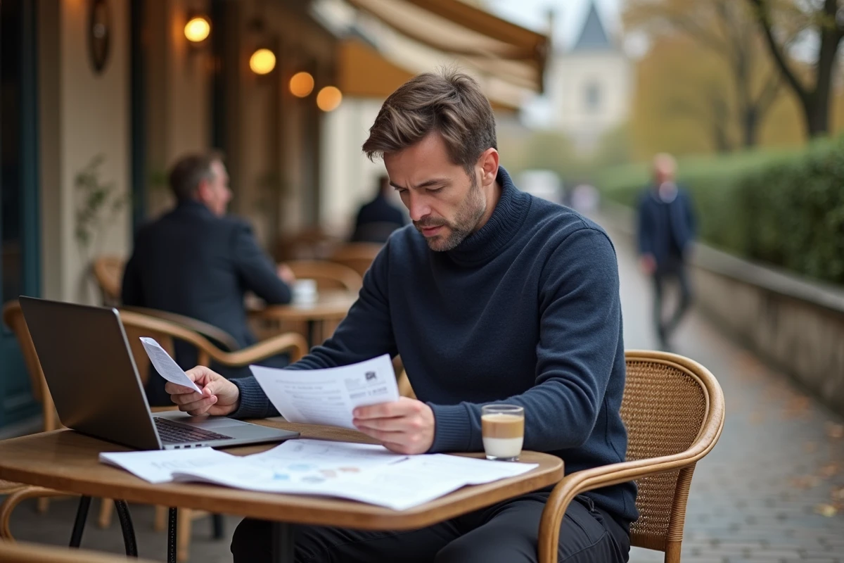 Homme travaillant à la terrasse d'un café à Saint-Germain-en-Laye en consultant des documents sur son quartier