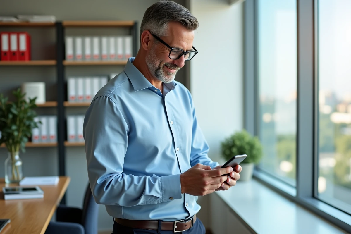 Homme d age moyen vérifie des annonces immobilières