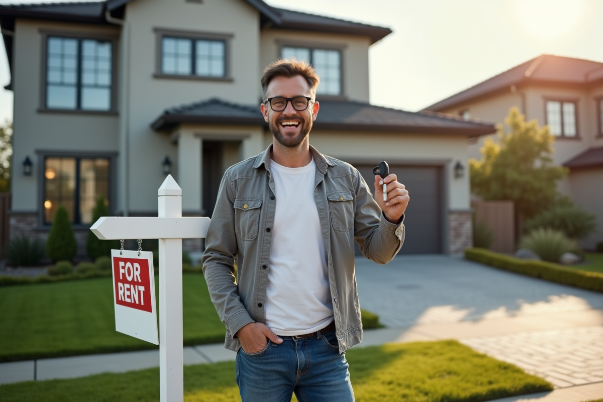 Homme avec clés devant une maison à louer