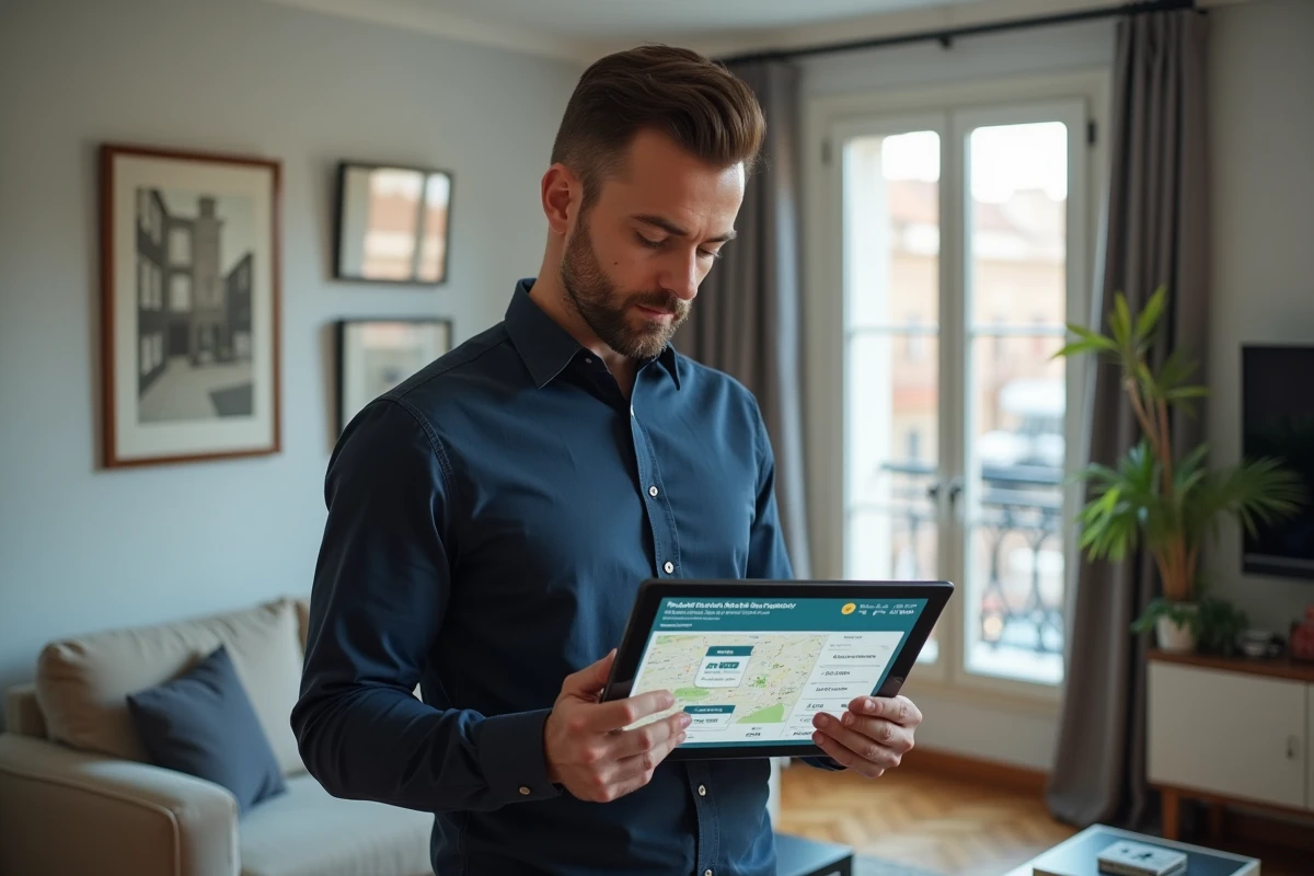 Homme consultant une estimation de maison en ligne via une tablette dans un appartement résidentiel