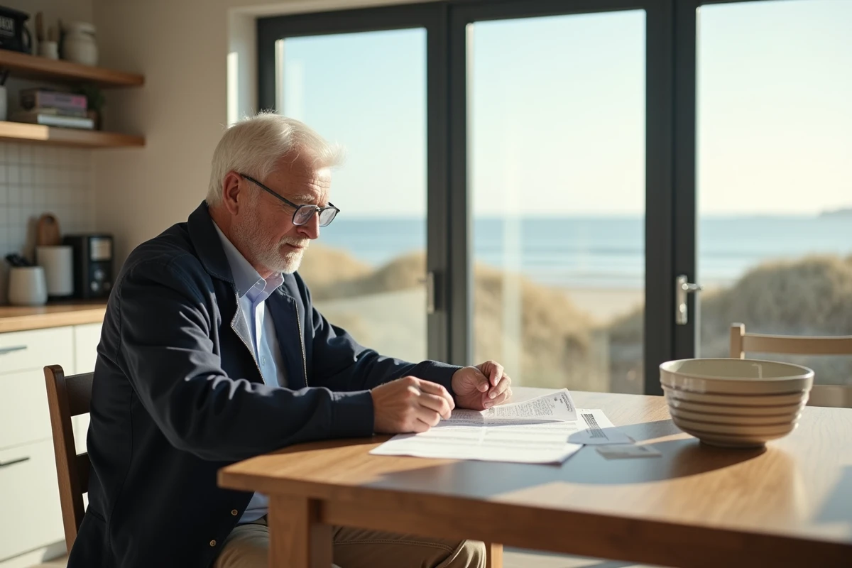 Homme lisant des contrats dans une cuisine en bord de mer