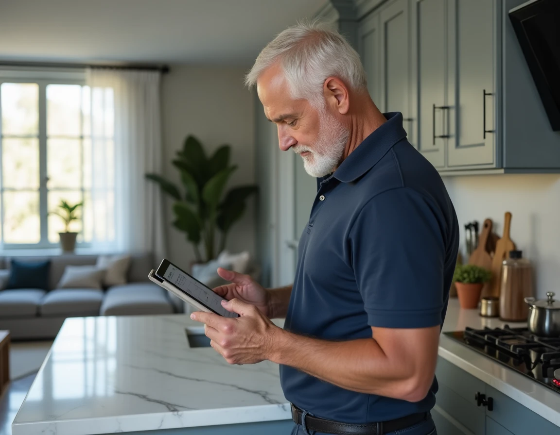 Homme copropriétaire consultant son espace client MyCitya sur une tablette dans une cuisine moderne