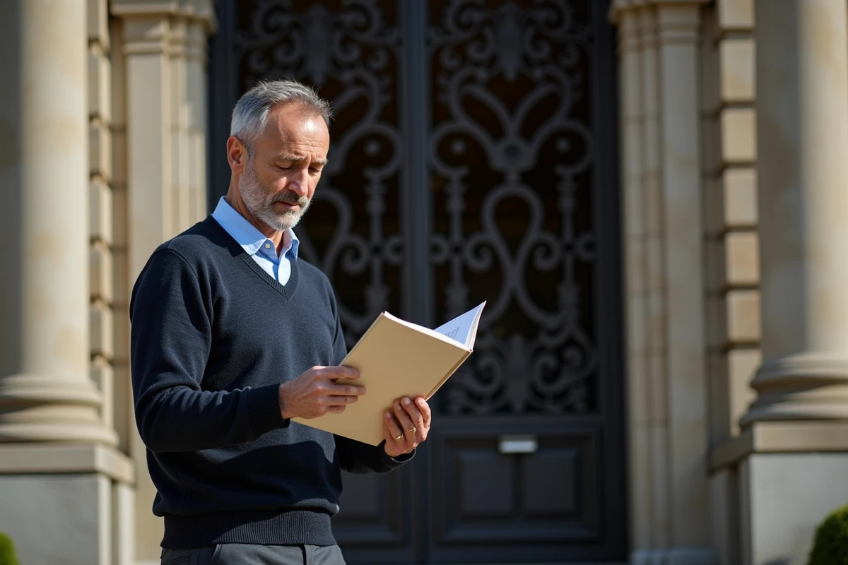 Homme lisant des papiers devant un courthouse