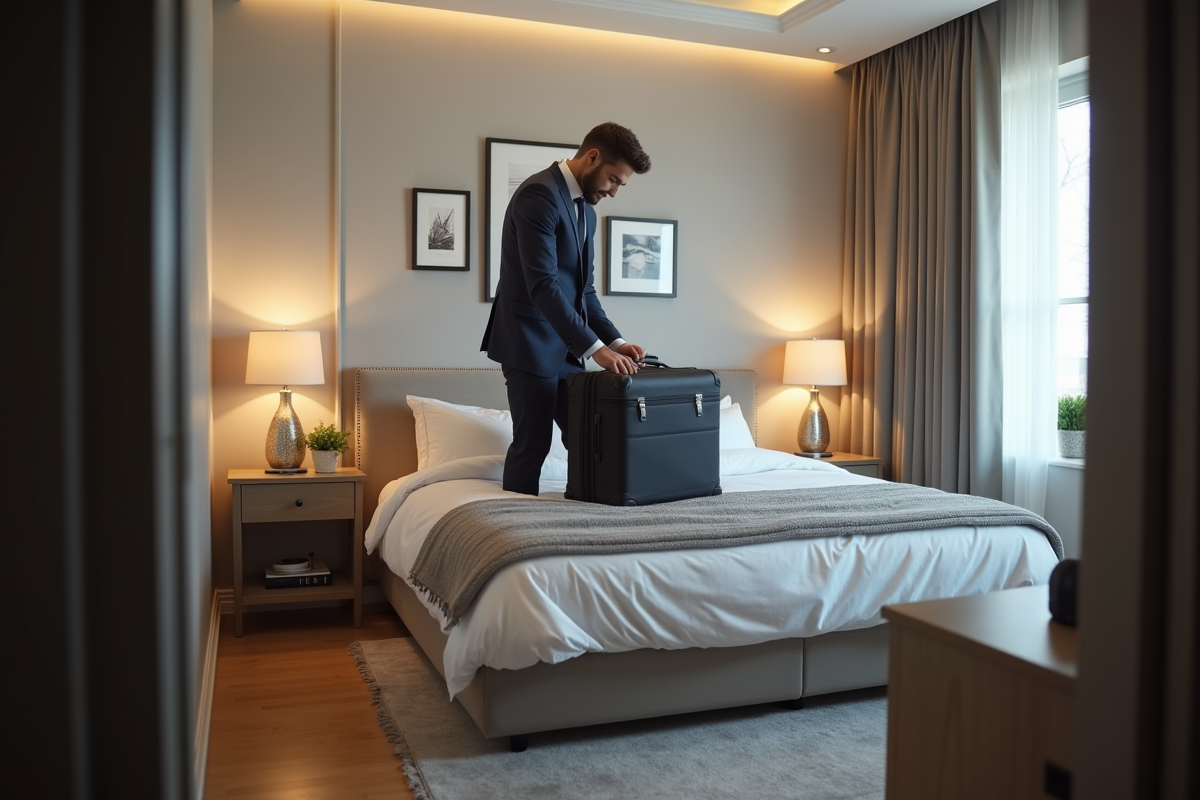 Homme déballant sa valise dans une chambre bien organisée