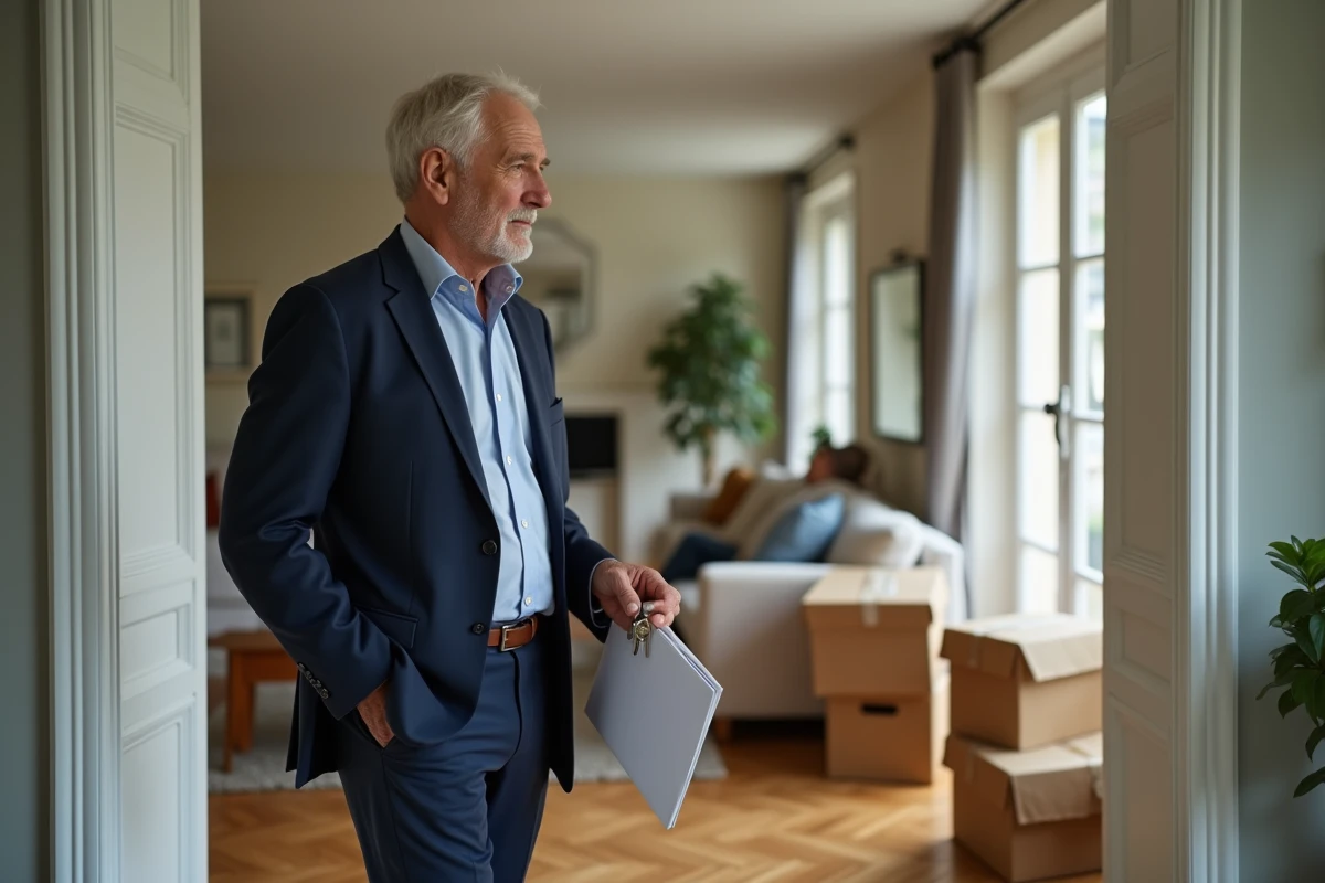 Homme âgé tenant des clés dans un intérieur moderne en transition