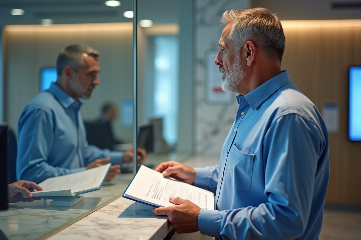 Homme remet documents financiers au guichet de la banque