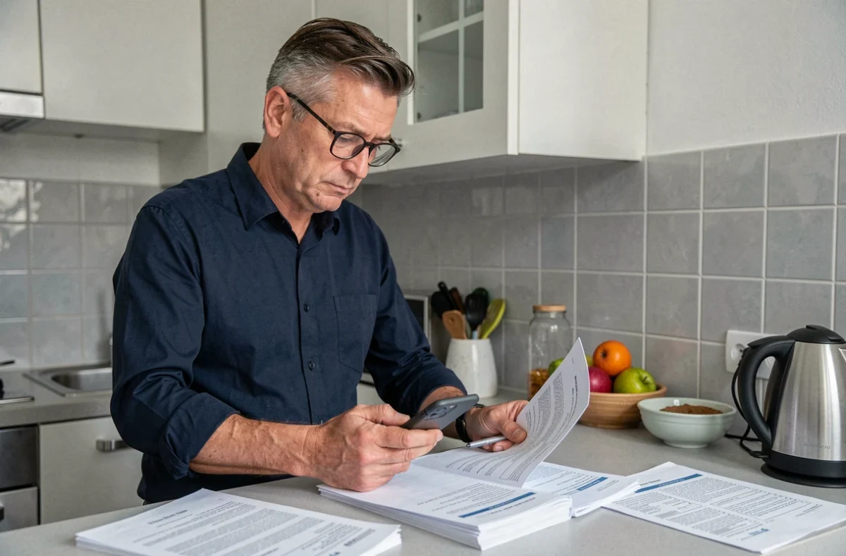 Homme consultant des documents administratifs pour sa demande de logement social LOC'Annonces dans une cuisine parisienne