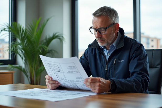 Homme d'affaires examinant des plans et documents d'assurance