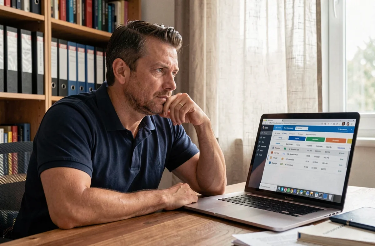 Homme consultant son espace personnel MyFoncia sur un ordinateur portable dans un bureau à domicile pour gérer ses documents immobiliers