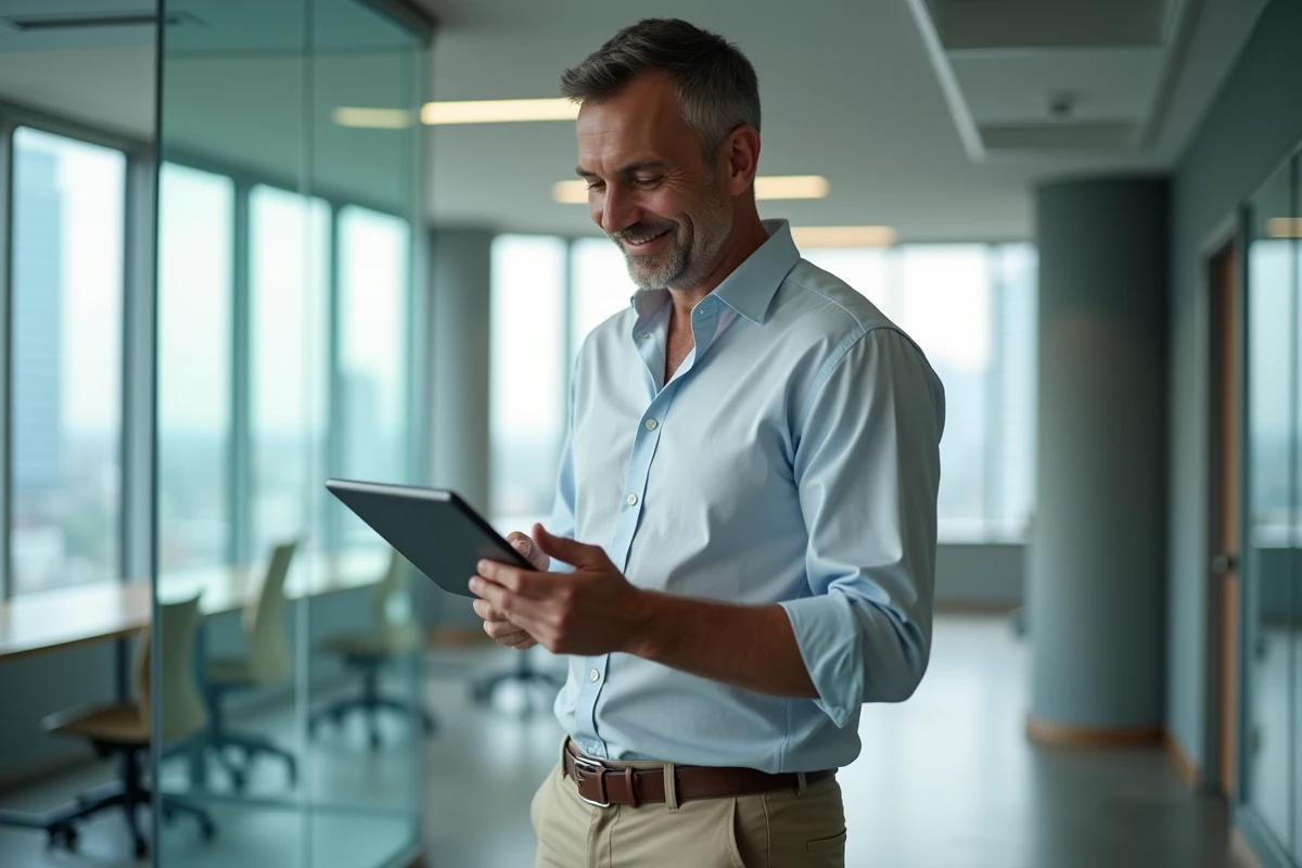 Homme d affaires analysant des finances sur une tablette dans un bureau lumineux