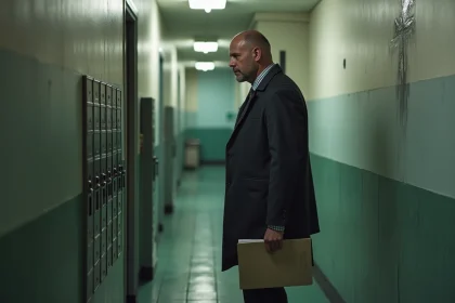 Homme d affaires observant une tache d humidite sur un mur