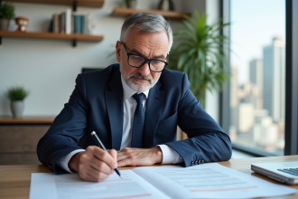 Homme d'âge moyen en costume bleu dans un bureau moderne