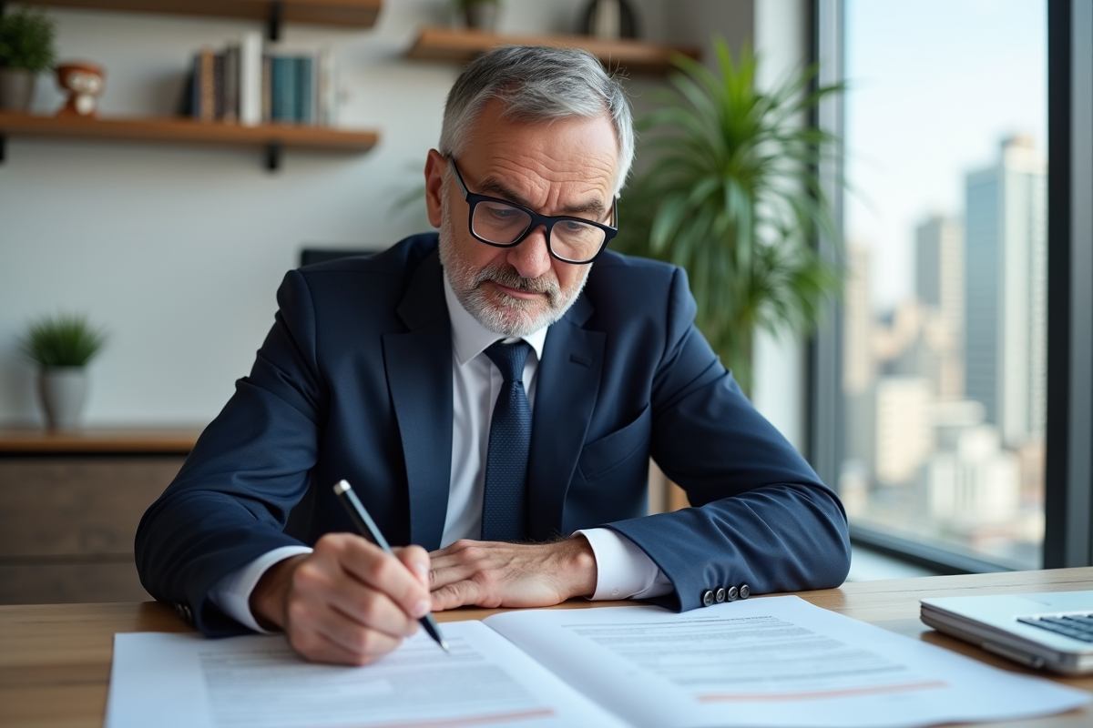 Homme d'âge moyen en costume bleu dans un bureau moderne