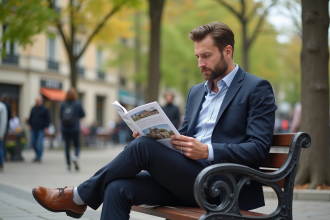 Homme en blazer regardant brochures immobilières en ville