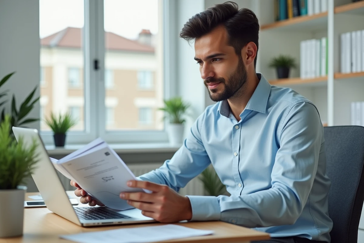 Jeune homme étudiant des brochures d