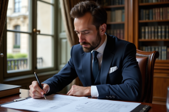 Homme d'affaires en costume à Paris pour article sur restauration