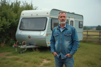 Homme en denim près d'un mobil home en campagne