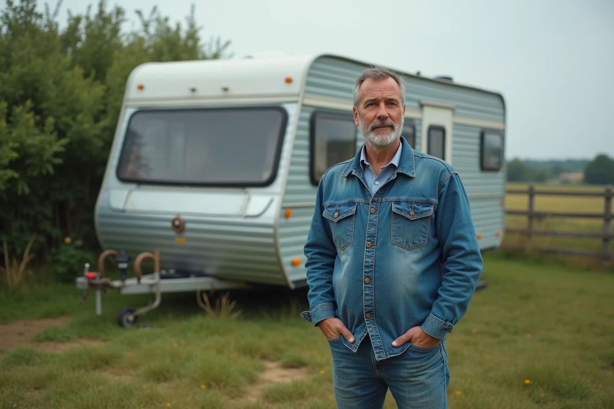 Homme en denim près d'un mobil home en campagne