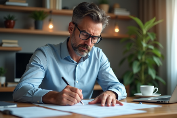 Homme d'âge moyen remplissant des formulaires d'impots