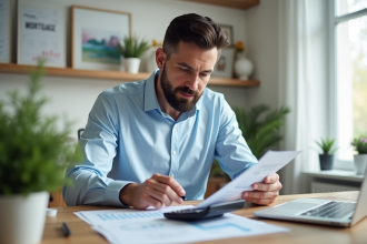 Homme en costume utilisant un calculateur dans un bureau moderne