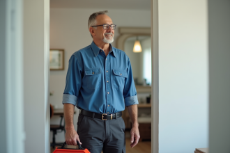 Homme d'âge moyen avec boîte à outils dans un appartement moderne