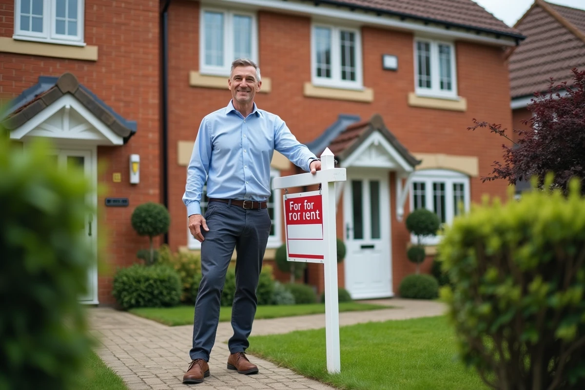 Homme posant une affiche à louer devant une maison en briques