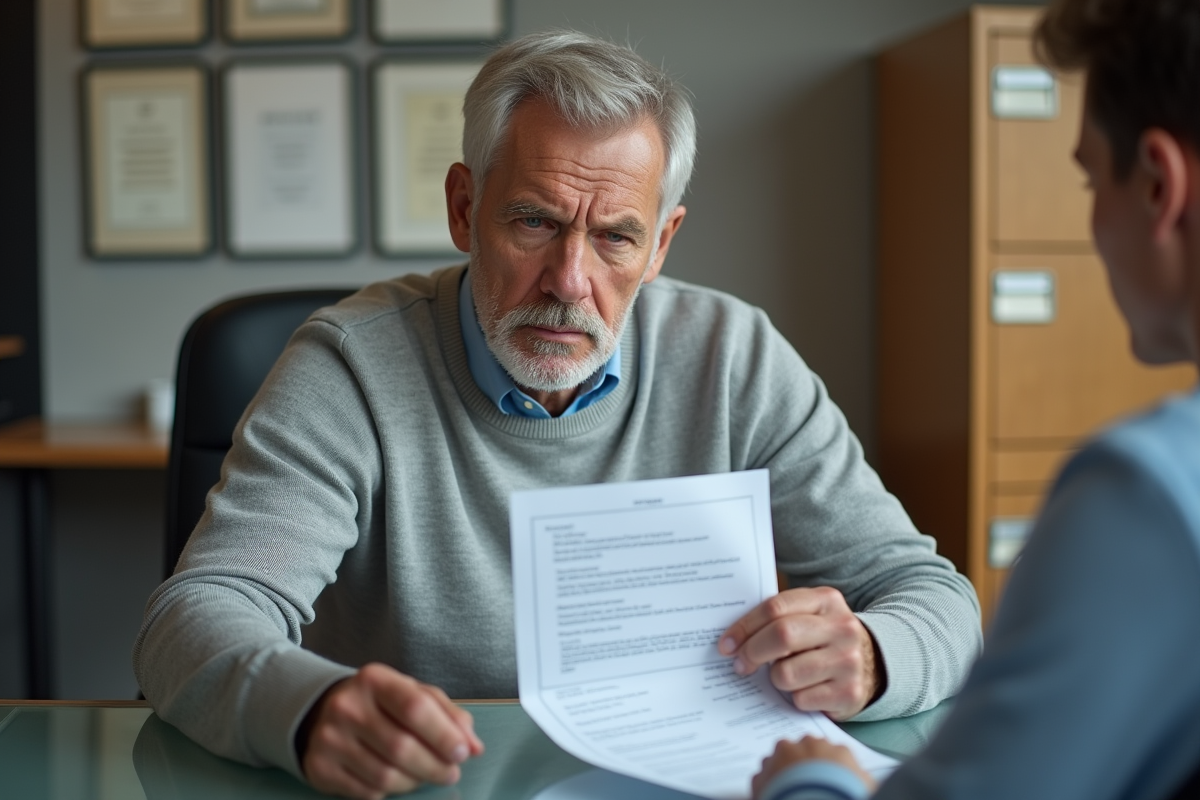 Homme d âge présentant des reçus de loyer lors d une réunion