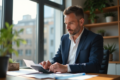 Homme en blazer bleu examine des brochures immobilières dans un bureau lumineux