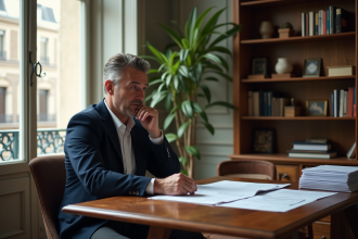 Homme en blazer bleu examinant documents immobiliers