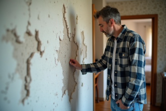 Homme inspectant un mur endommage avec salpeter dans un salon