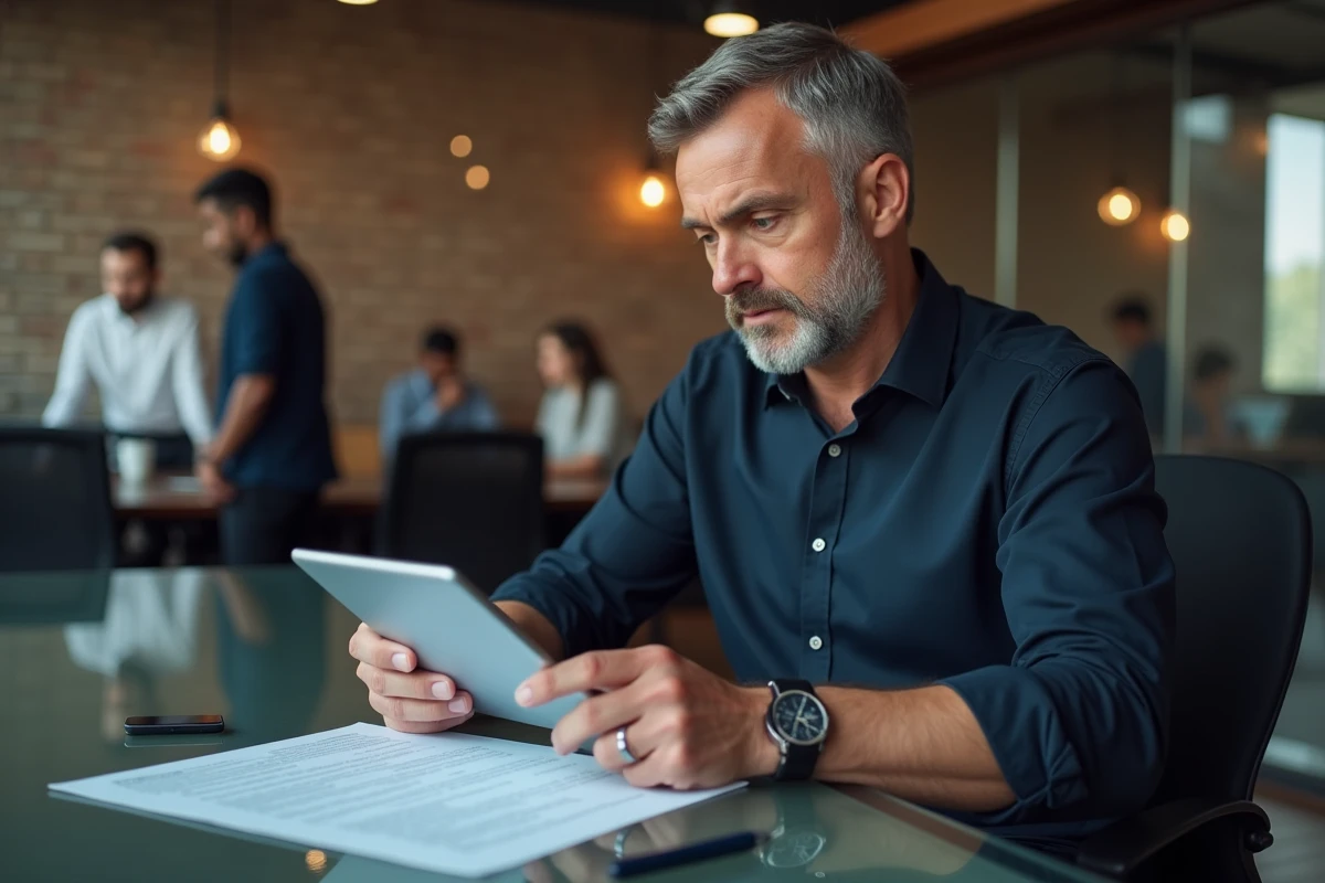 Homme d'affaires signant un contrat numérique sur tablette dans un espace de co-working moderne pour centraliser la gestion administrative