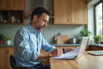 Homme concentré travaillant à la cuisine avec documents et ordinateur