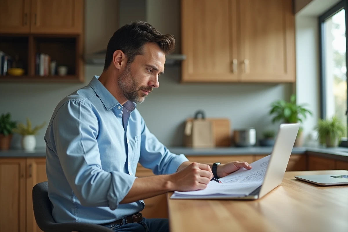 Homme concentré travaillant à la cuisine avec documents et ordinateur