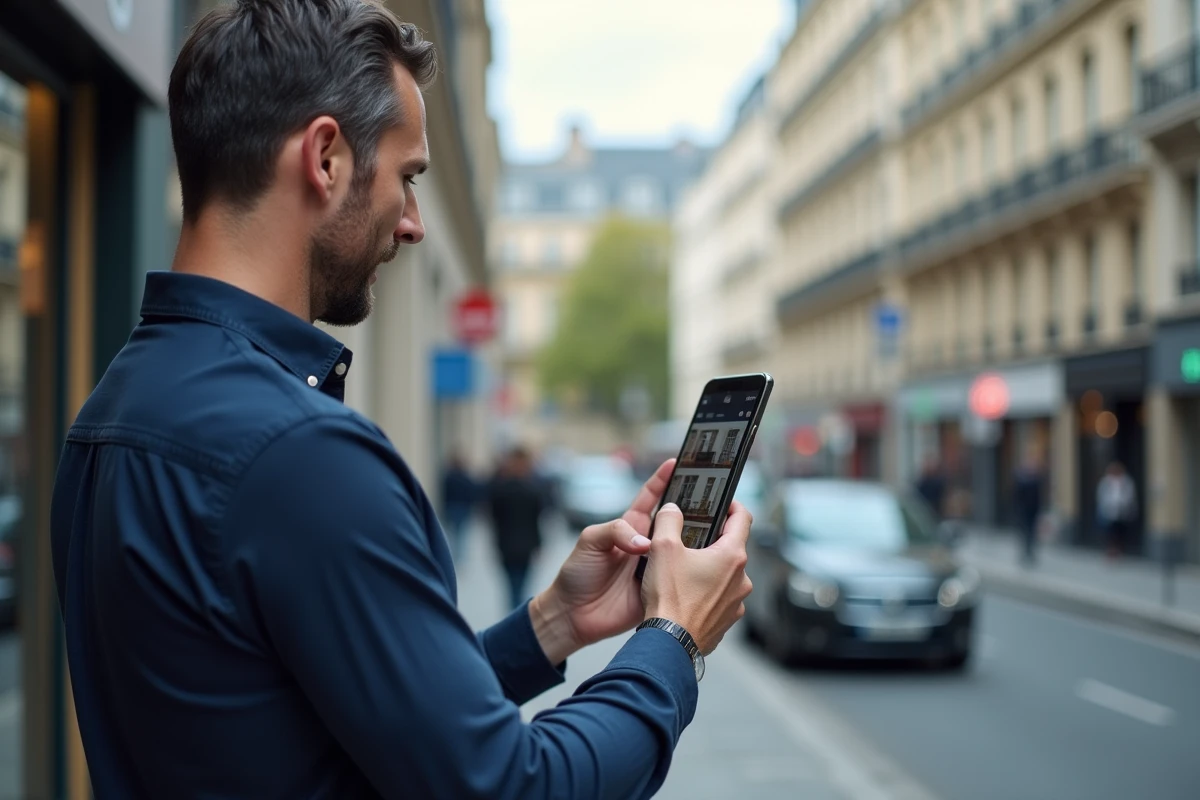 Homme vérifiant une annonce immobilière sur smartphone devant un immeuble parisien, comparaison terrain réalité